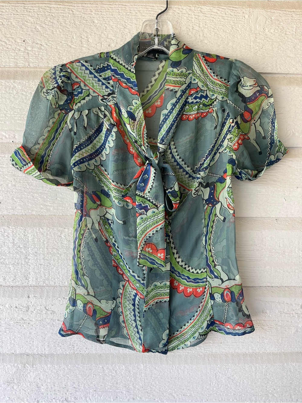Karen Walker Sage Green Paisley Tie-Neck Blouse with Coral & Navy Details